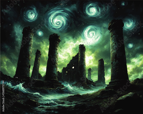Mystical Fantasy Ancient Ruins with Spiral Galaxies in Dramatic Sky and Ocean Waves Creating Surreal Atmosphere Ideal for Concept Art and Imaginative Background Designs