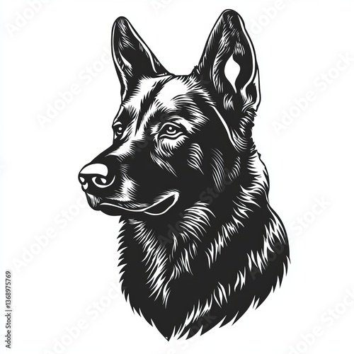 Stylized vector silhouette of a German Shepherd dog's head on a white background, featuring sharp ears, strong snout, and a focused expression. Bold, clean lines ideal for minimalist designs, pet logo