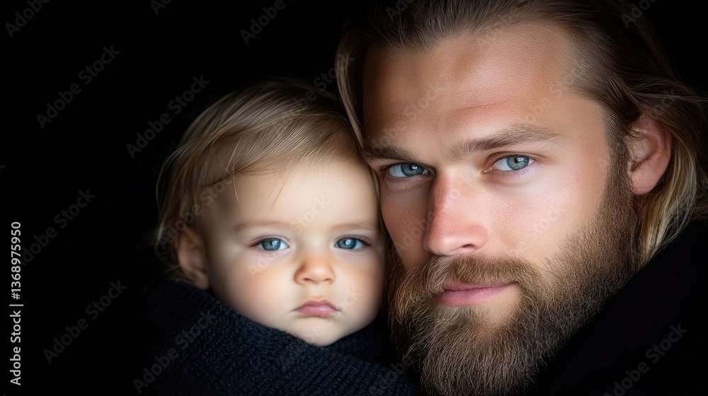 Close-up portrait of a father and baby daughter, soft focus, serious expressions Close-up portrait of a father and baby daughter, soft focus, serious expressions