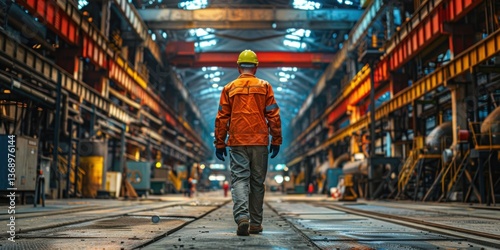 A lone worker walks through a massive industrial factory, carrying out his responsibilities, a powerful symbol of industry and dedication.