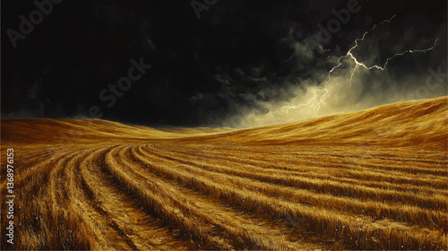 Dramatic Vector Illustration of Golden Wheat Field with Lightning Storm Dark Moody Clouds Thunderstorm Nature Landscape Agricultural Harvest Weather Background
