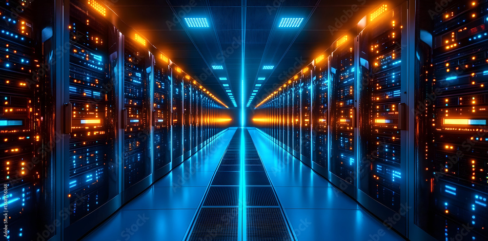 A long hallway with rows of servers glowing with blue and orange lights. A long hallway with rows of servers glowing with blue and orange lights.