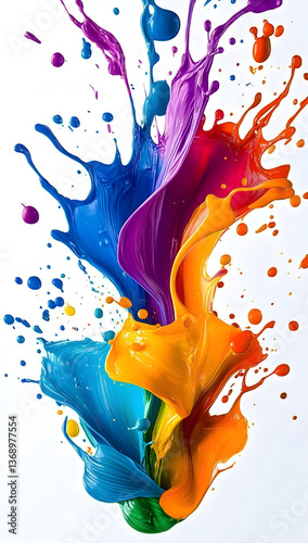 Colorful paint splashes colliding mid-air on a white vertical background. Dynamic abstract art with vibrant colors and motion