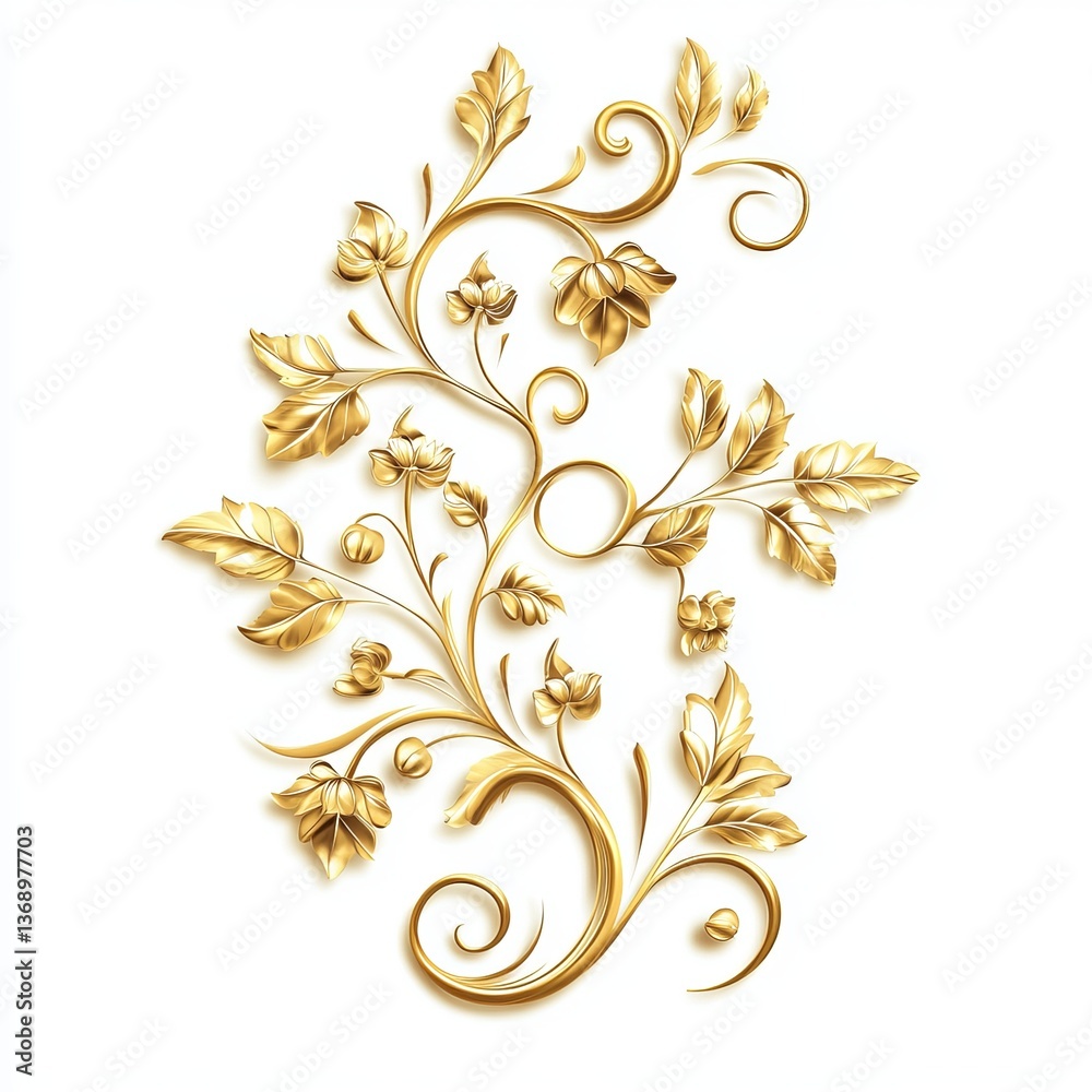 Golden floral ornament isolated on White background representing luxury and elegance Golden floral ornament isolated on White background representing luxury and elegance