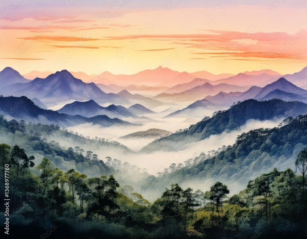 Obraz premium Watercolor painting of misty mountains and forest with sunrise in the background landscape wallpaper