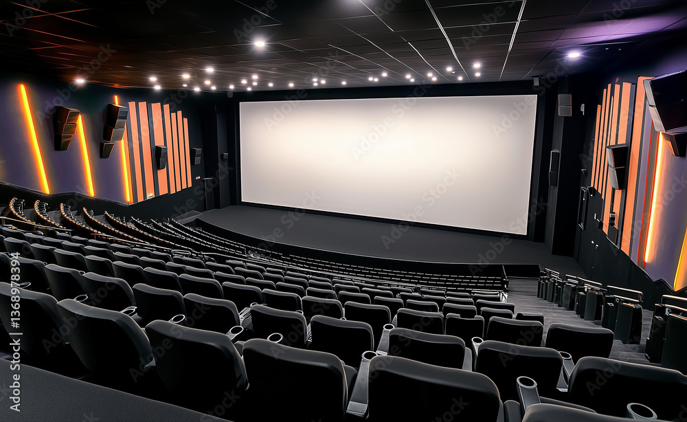 Fototapeta premium Empty modern movie theater with black cushioned seats and large white projection screen ready for film premiere entertainment or audience event in cinematic environment