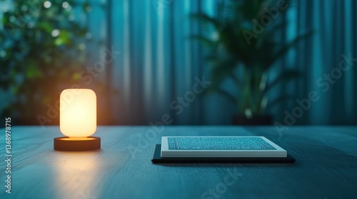 Cozy indoor scene with a glowing lamp and an open book on a table