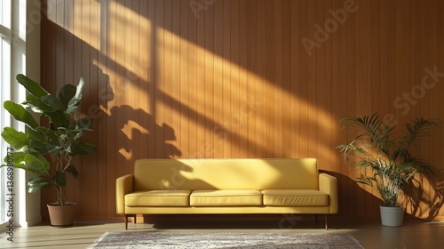 Cozy living room with yellow sofa, wooden wall, and indoor plants