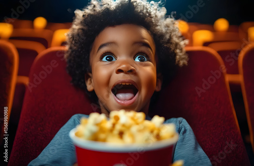 African-American toddler watches movie in cinema hall. Boy impressed with open mouth, enjoys entertainment. Bright facial expression, human emotions concept. First time in cinema. Kid with popcorn.