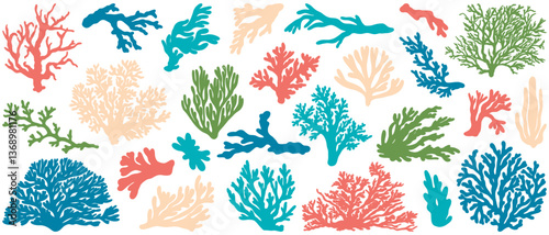 Set of flat coral reef vectors. Abstract organic shape, underwater plant, Matisse element, cute sea drawing. Cartoon sea floral set isolated on white background.