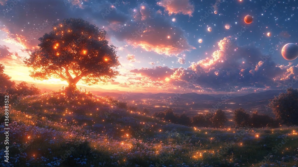 Glowing Tree in a Magical Sunset Landscape Glowing Tree in a Magical Sunset Landscape