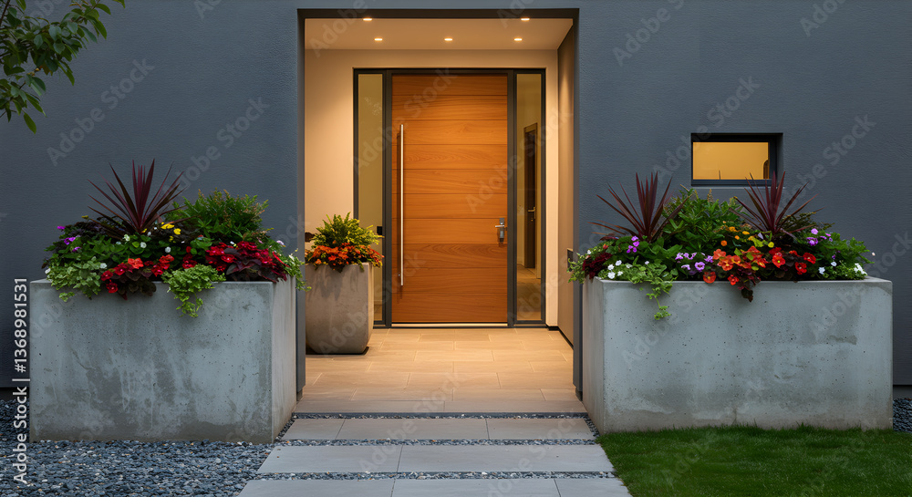 Fototapeta premium Elegant modern home entrance adorned with vibrant floral arrangements and concrete planters