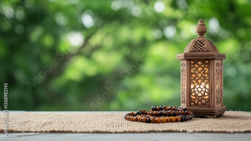 Decorative lantern and beaded bracelet on a rustic table outdoors