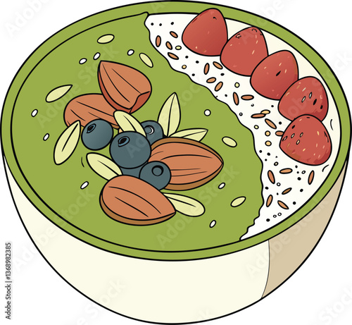 Cartoon illustration of a smiling pizza held in a hand with cheese tomatoes and vegetables