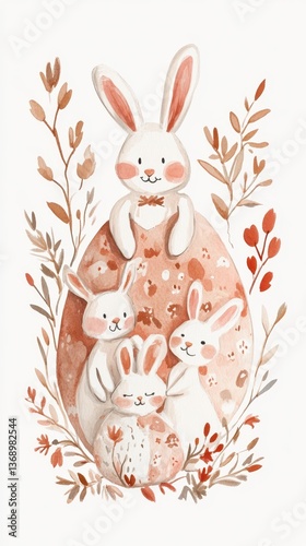 Adorable bunny family illustration with floral accents in soft pastel tones