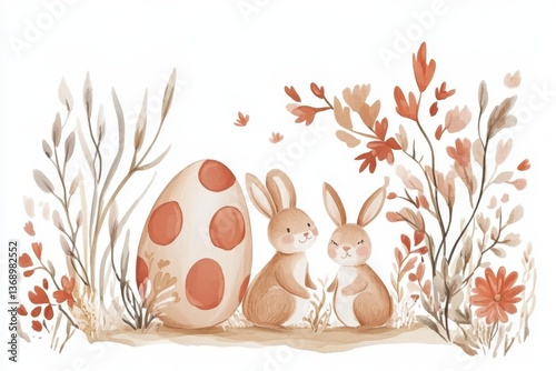 Playful bunnies and easter egg amidst nature in watercolor art
