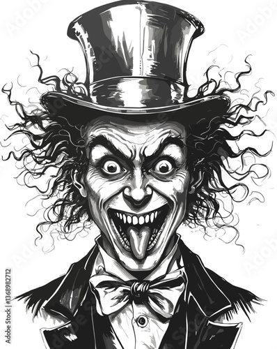 Silly stupid facial expression gentleman with curled mustache and top hat sticking out his tongue sketch engraving generative ai raster illustration. 