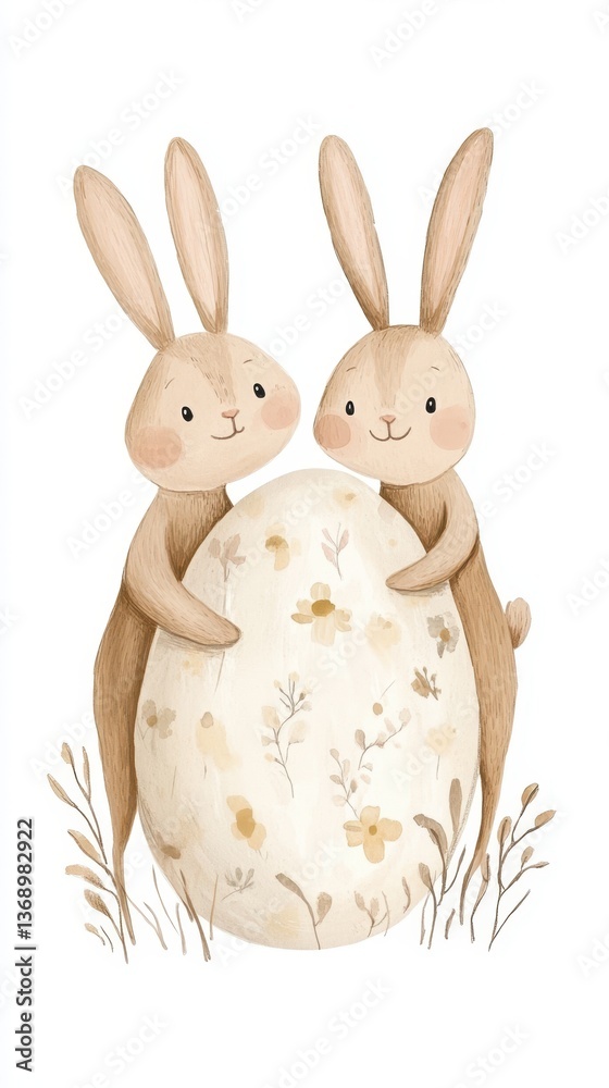 Fototapeta premium Two cute cartoon rabbits hugging a floral decorated egg in pastel colors