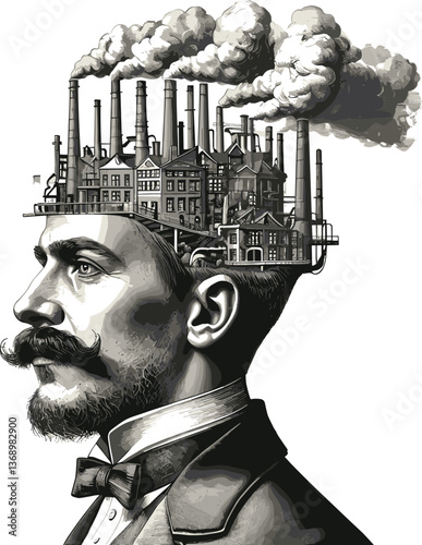 man in a suit with an industrial factory emerging from his head, symbolizing industry, innovation, and thought sketch engraving generative ai vector