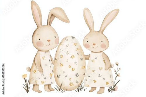 Cute cartoon bunnies with easter egg in floral dress illustration