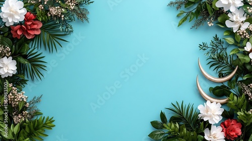 Floral border design with crescent moons on a turquoise background