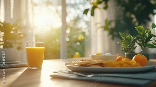 Fresh breakfast spread with juice and fruits, sunny kitchen ambiance