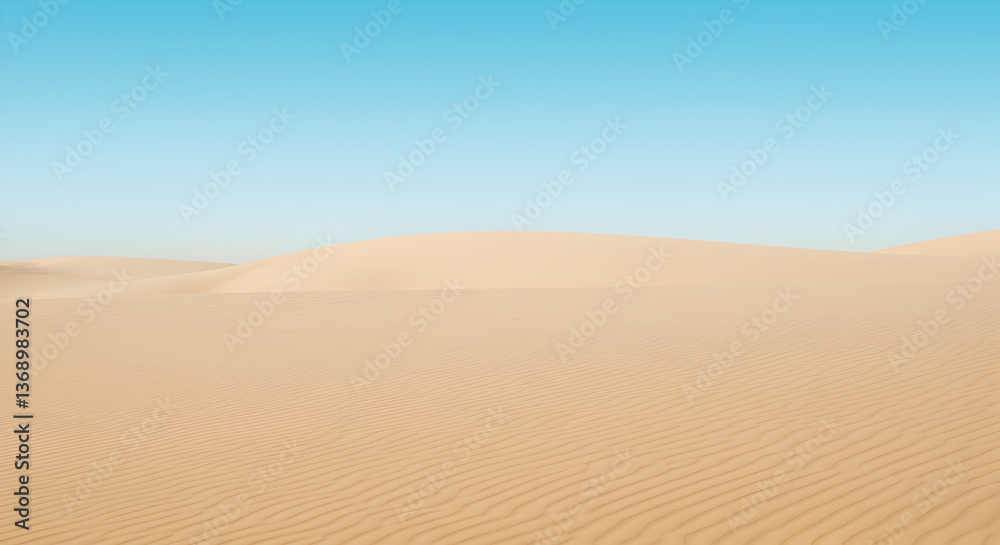 Serene desert landscape with smooth sand dunes under a clear blue sky backdrop Serene desert landscape with smooth sand dunes under a clear blue sky backdrop