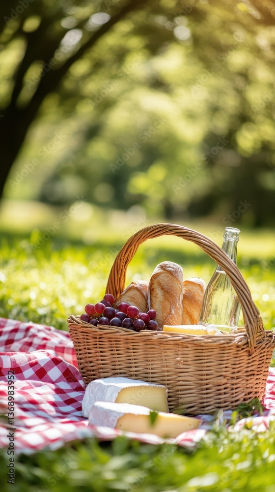Summer picnic basket with baguettes, grapes, cheese, and wine on checkered blanket outdoors Summer picnic basket with baguettes, grapes, cheese, and wine on checkered blanket outdoors