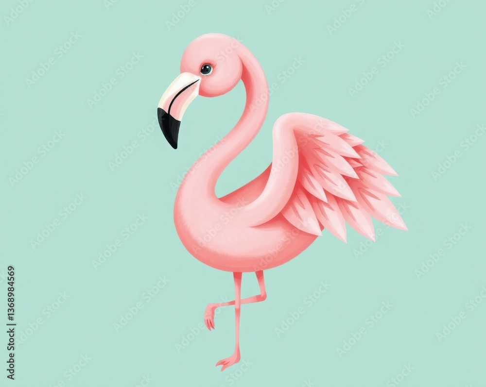 Fototapeta premium Adorable pink flamingo with its elegant stance on a soft pastel background. Ideal for childrens illustrations, cartoons, and playful educational materials.
