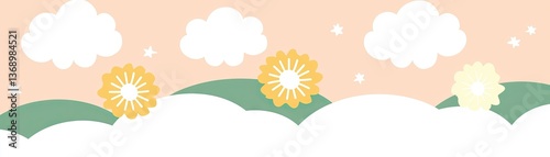 Cartoonish sunrise landscape with clouds and flowers