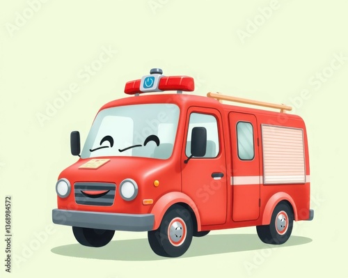 Charming cartoon fire truck with a big smile on a pastel background. Ideal for childrens illustrations, cartoons, and educational materials. Perfect for inspiring young imaginations!
