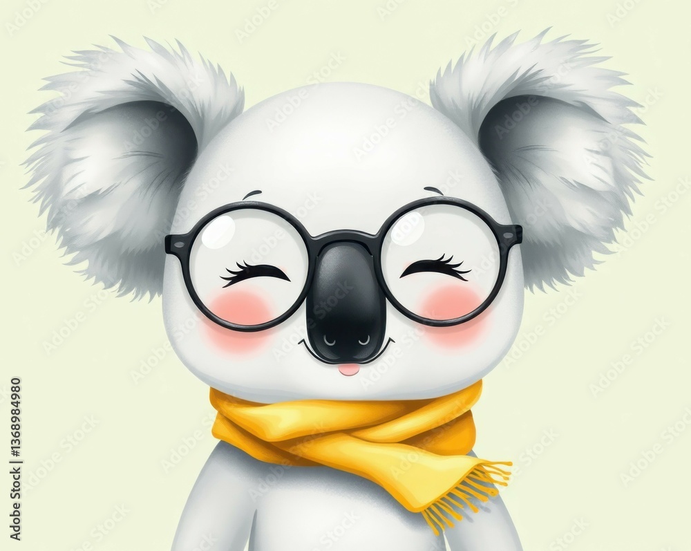 Fototapeta premium Adorable cartoon koala wearing glasses and a yellow scarf, smiling cheerfully on a light green background. Ideal for children's illustrations, cartoons, and educational use.