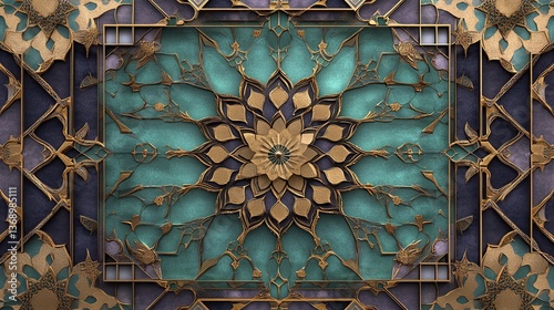 Intricate geometric floral pattern with gold accents on teal background