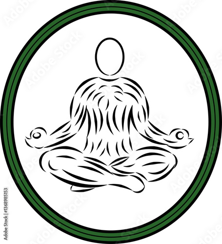 A stylized yoga pose symbol featuring a meditative figure in a lotus position, enclosed in a green circular frame. The design uses flowing strokes to represent calmness, balance, and inner peace