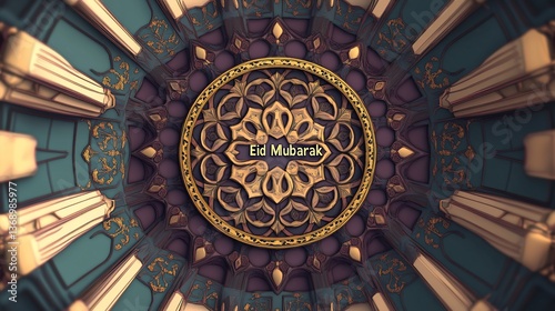Ornate ceiling design featuring 'Eid Mubarak' in a colorful setting
