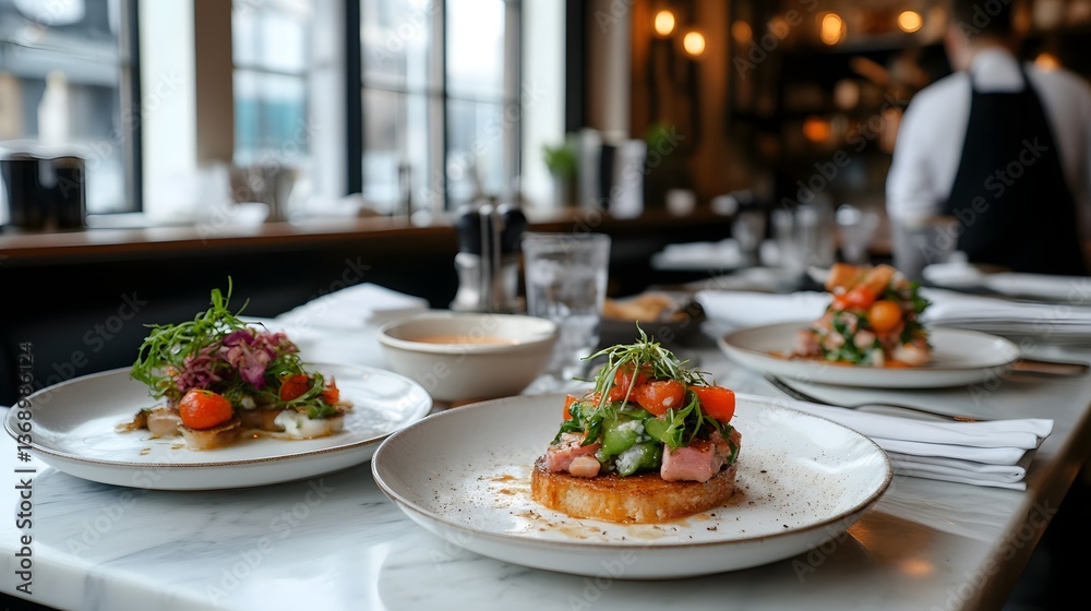Vibrant culinary creations served on elegant plates at a bustling restaurant during a lively dinner service Vibrant culinary creations served on elegant plates at a bustling restaurant during a lively dinner service
