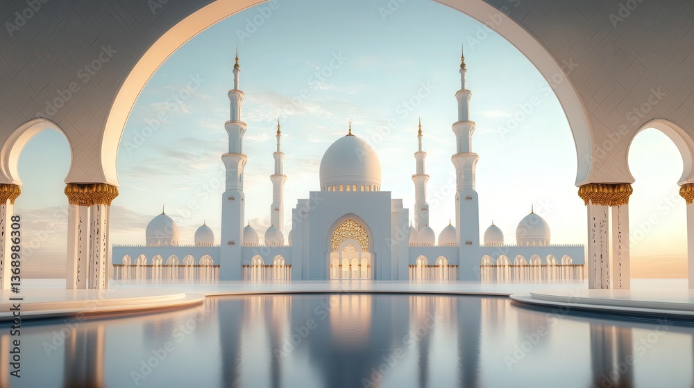Obraz premium Grand white mosque with ornate archway and reflective water surface