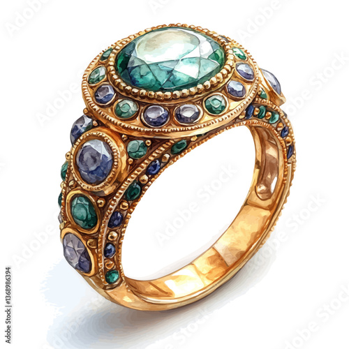 A watercolor vector of a luxury emerald ring, isolated on a white background. luxury emerald ring captivating vector


