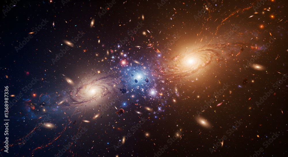 Fototapeta premium Stunning Digital Simulation Depicting a Mesmerizing Galaxy Cluster Collision