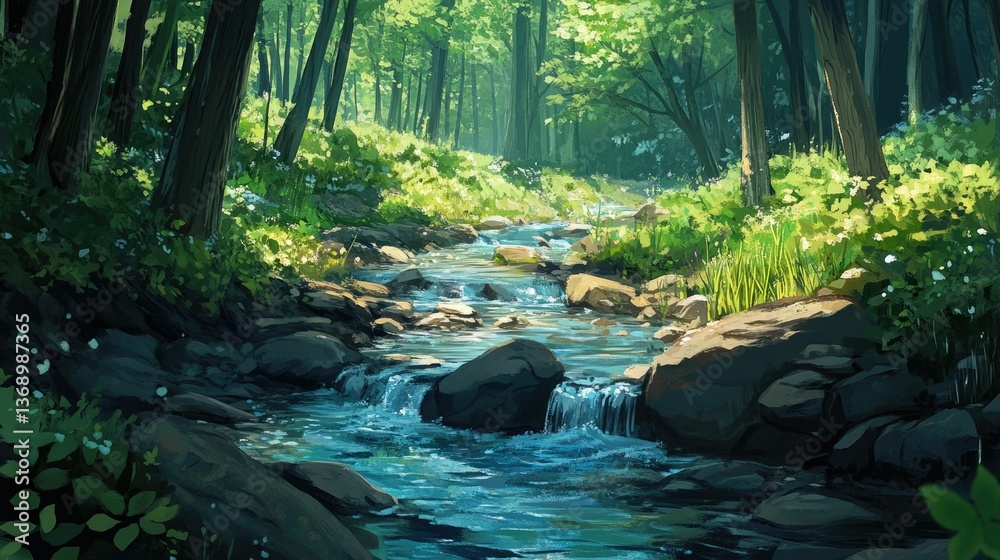 Obraz premium Sunlit stream flows through lush, rocky forest.