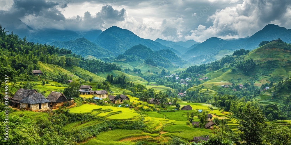 Obraz premium Lush green rice terraces under a dramatic sky with mountains in the background.