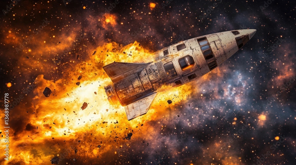 Obraz premium Exploding spacecraft amidst fiery debris, stars.