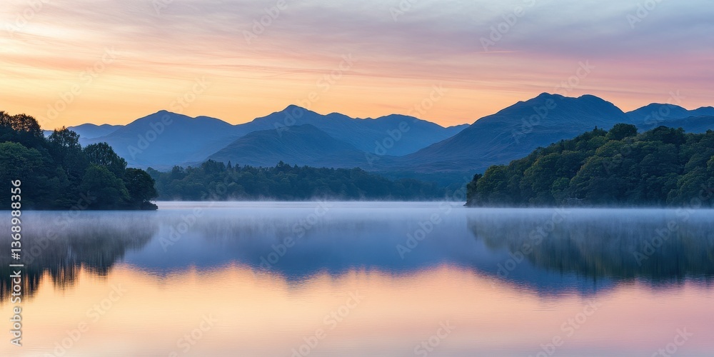 Fototapeta premium Serene lake at dawn with mist and mountains reflecting in calm waters.