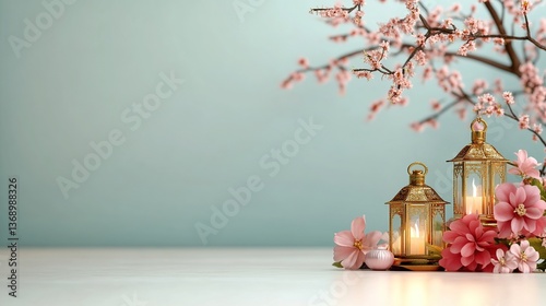 Serene spring decor with lanterns and blossoms on a calm background