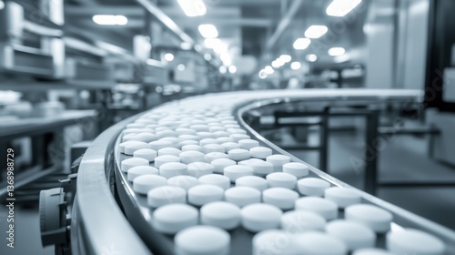 White tablets on conveyor in factory	
