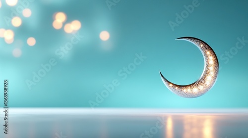 Shimmering crescent moon decoration against a soft blue background