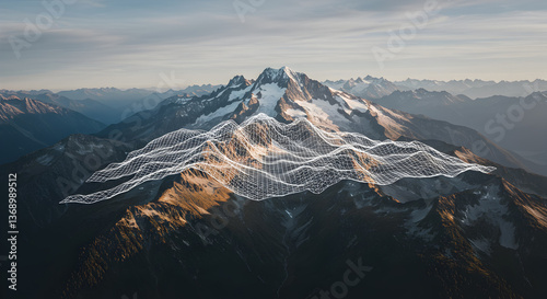 Digital wireframe overlaying mountain range showcasing advanced mapping technology