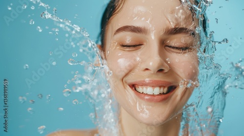 Close-up of a woman's face with water splashing around her.