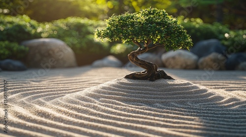 small tree in a Japanese Zen sand garden