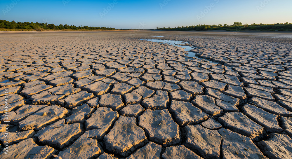 Fototapeta premium Arid expanse: Cracked mud landscape symbolizing drought and climate change effects